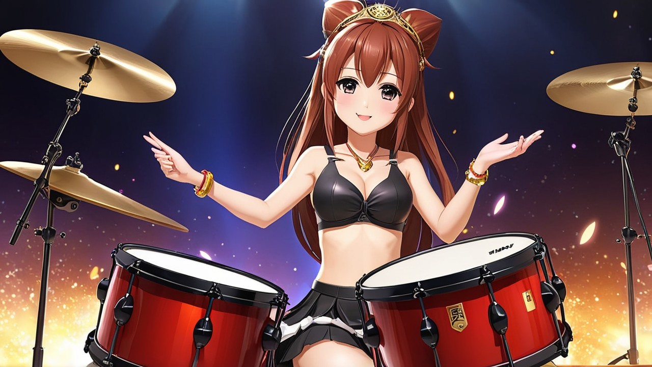 Anime Character Drumming on Stage with Colorful Spotlights