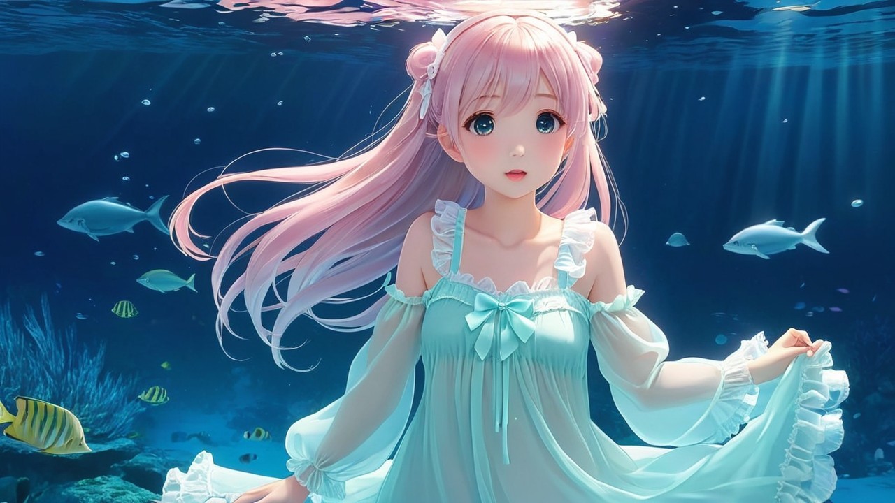 Underwater Scene with Girl in Light Blue Dress