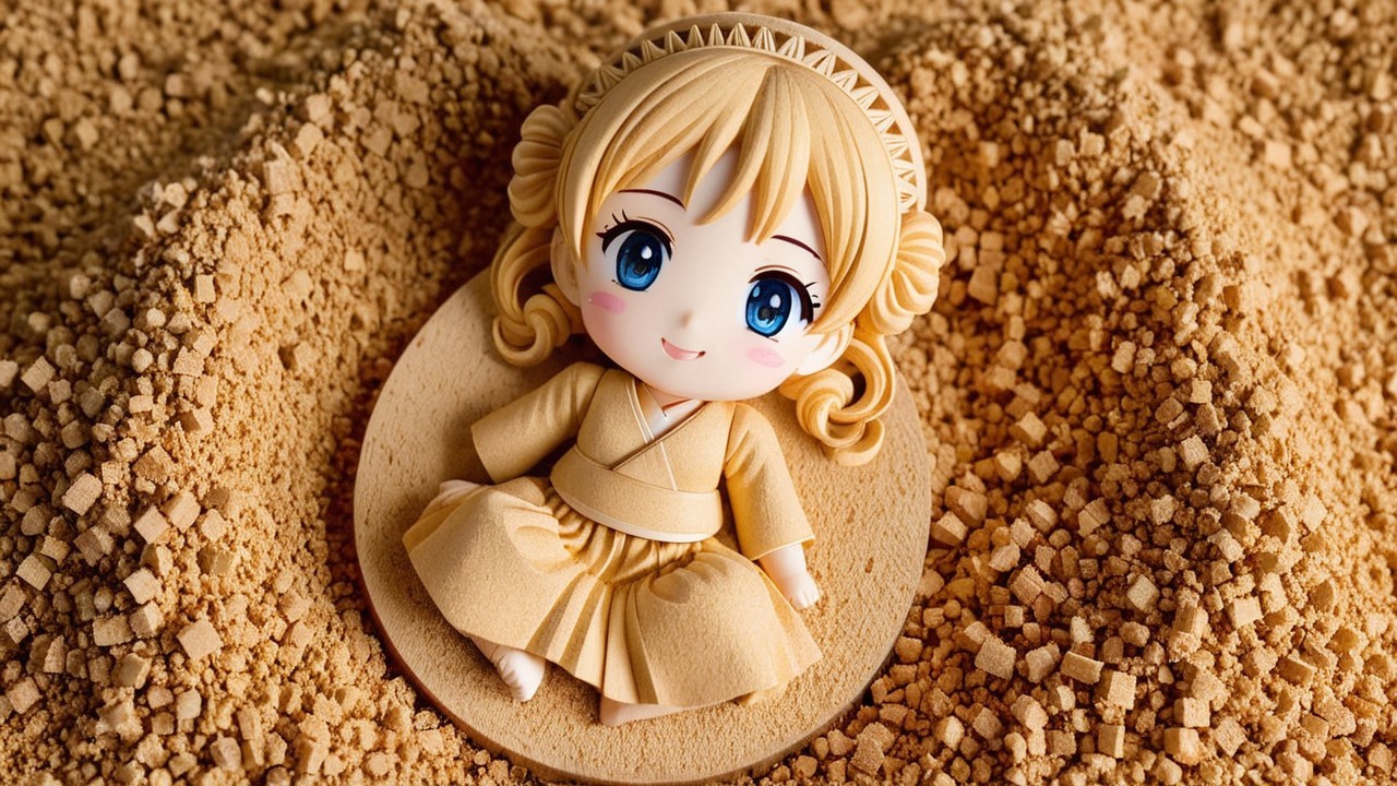 Stylized doll in kimono on wooden platform outdoors