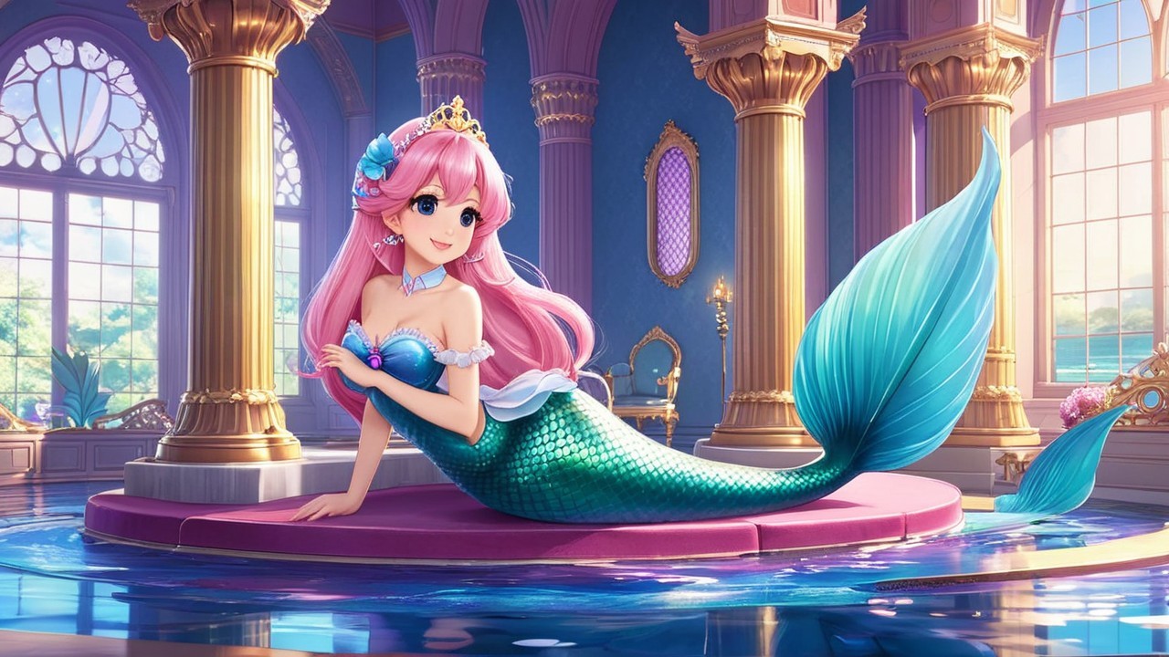 Mermaid on Purple Chaise in Opulent Underwater Palace