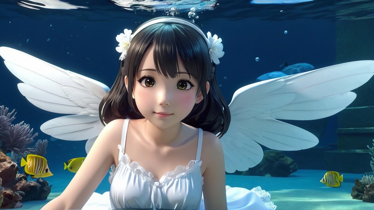 Underwater Scene of a Girl with Angelic Wings