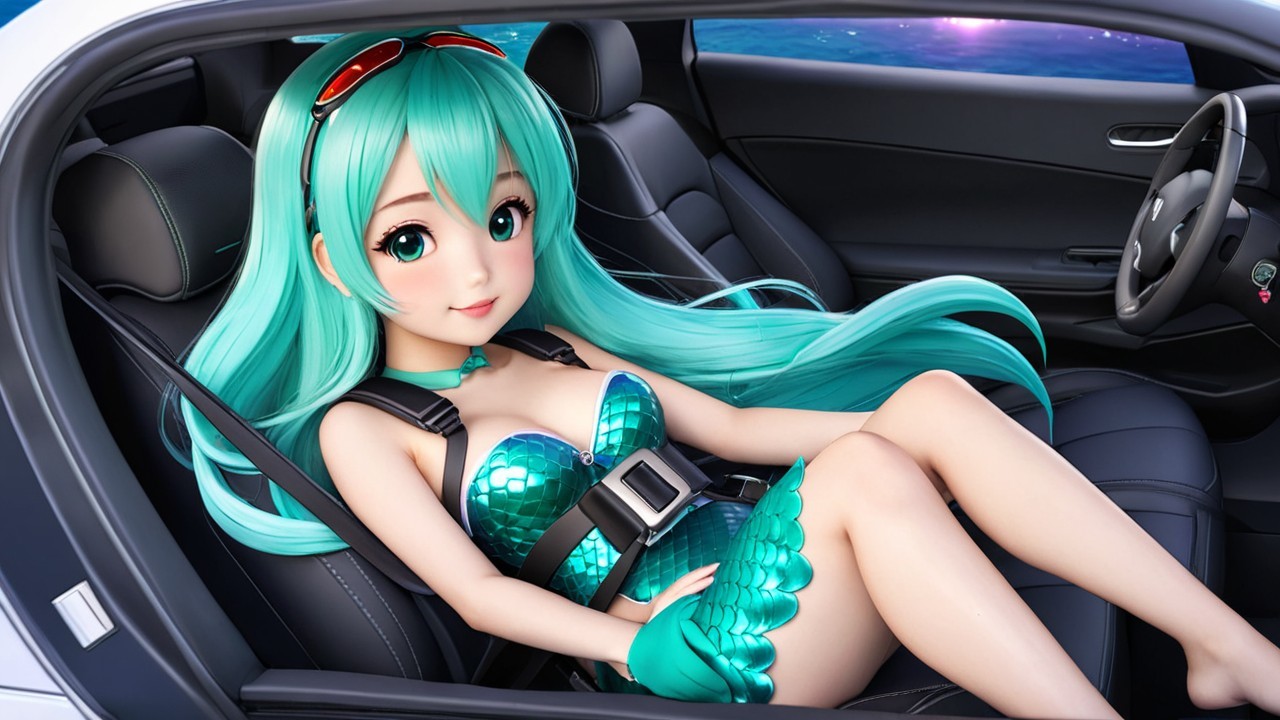 Vibrant character in mermaid outfit in sports car