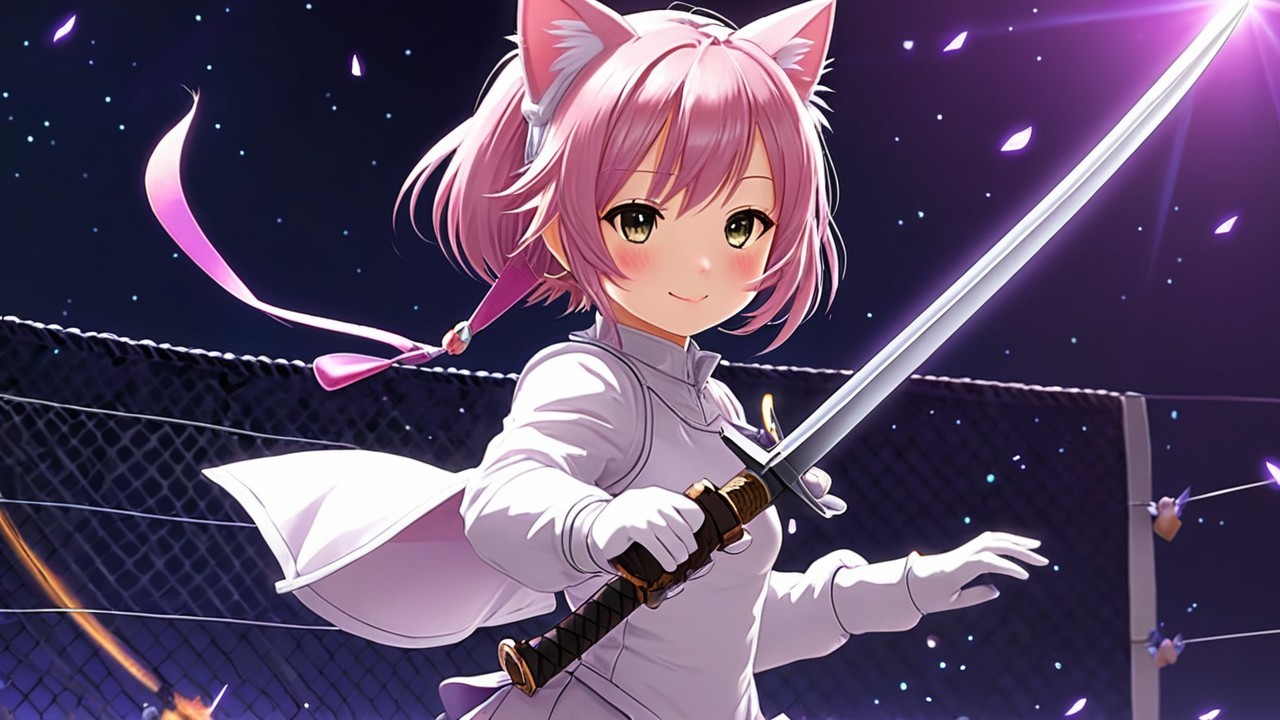 Anime Character with Pink Hair and Katana in Night Sky