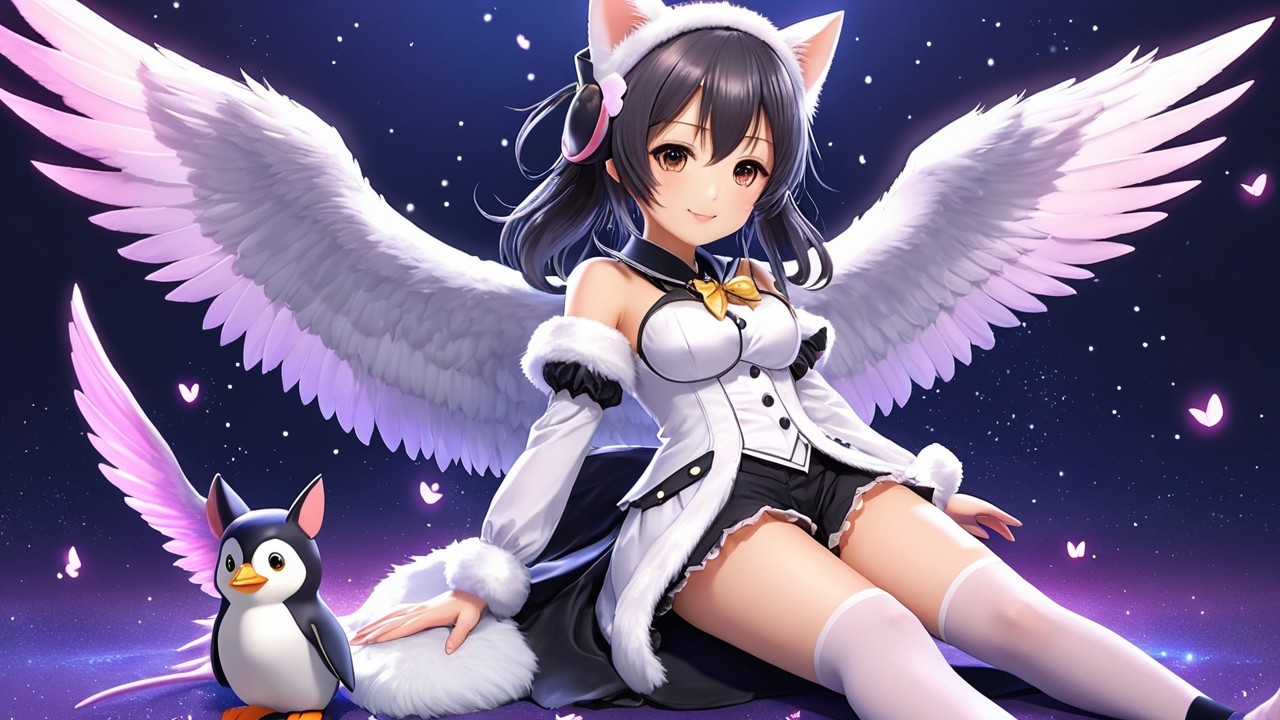 Whimsical Character with Cat Ears and Wings in Stars