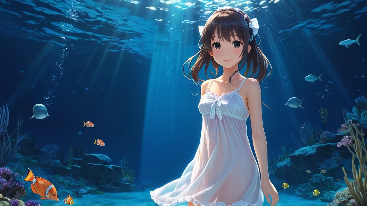 Underwater Scene with a Girl in a White Dress
