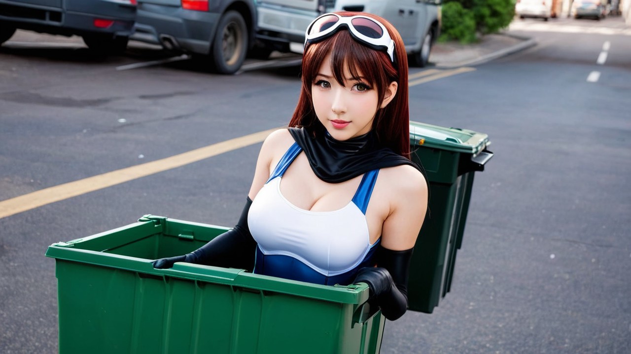Female Cosplayer in Blue Outfit Posing by Trash Bins