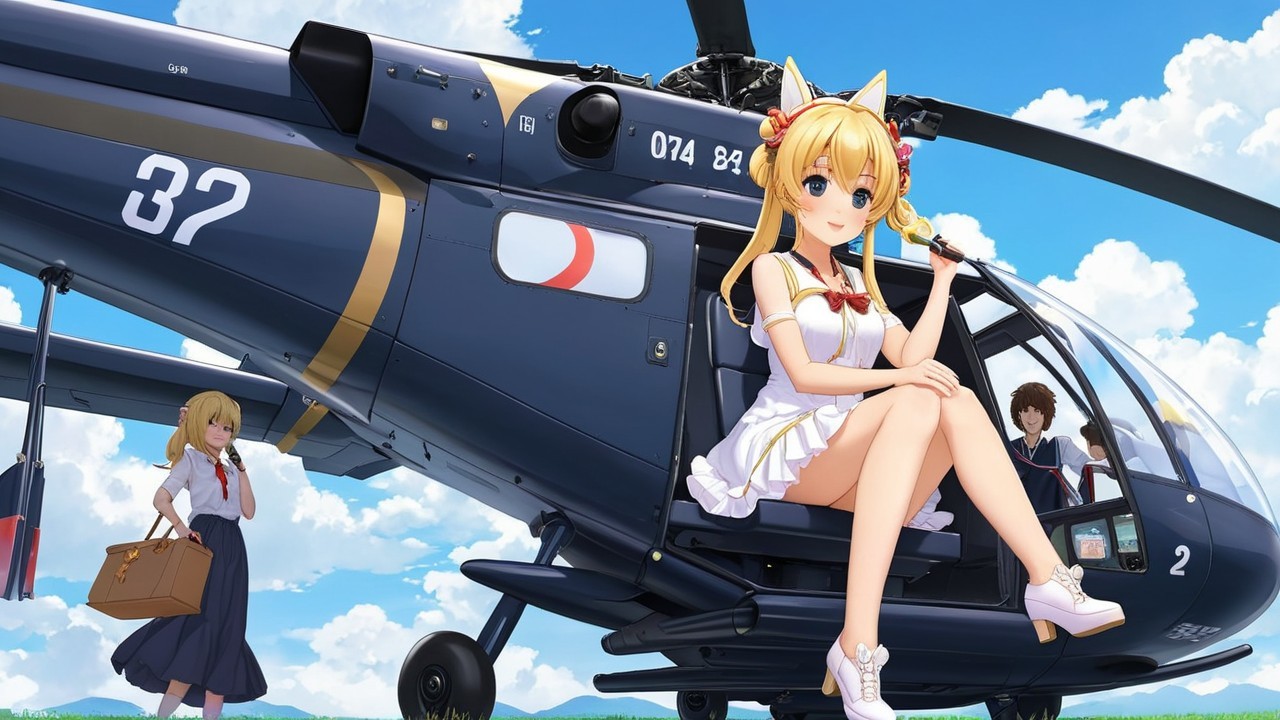 Stylized illustration of a girl on a helicopter edge