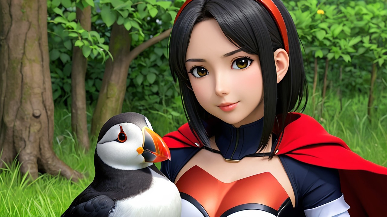 Young woman in superhero outfit with puffin in forest
