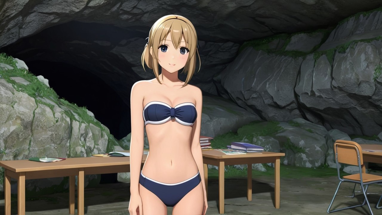 Character in Navy Bikini in Cave Setting with Books