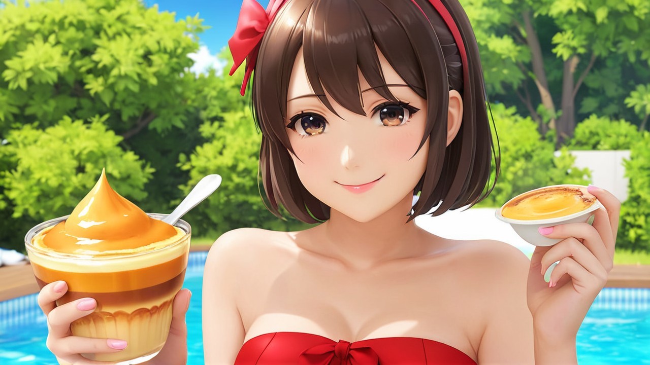 Cheerful girl in red swimsuit with desserts by pool