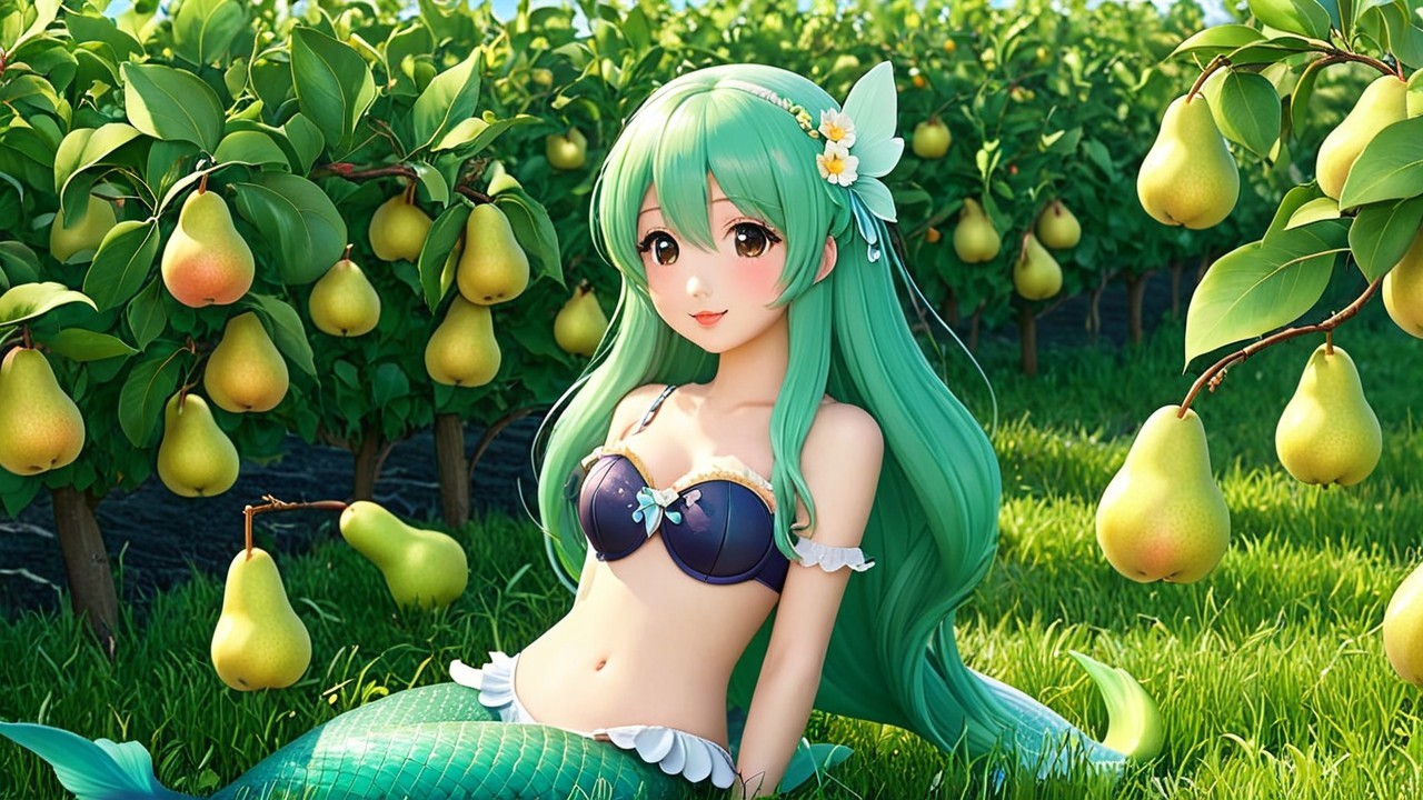 Mermaid in a Lush Pear Garden with Green Hair