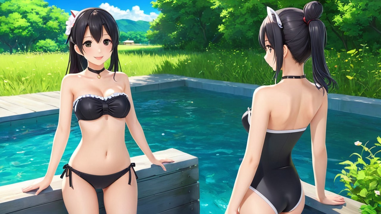 Anime Characters by Blue Pool in Summer Scene