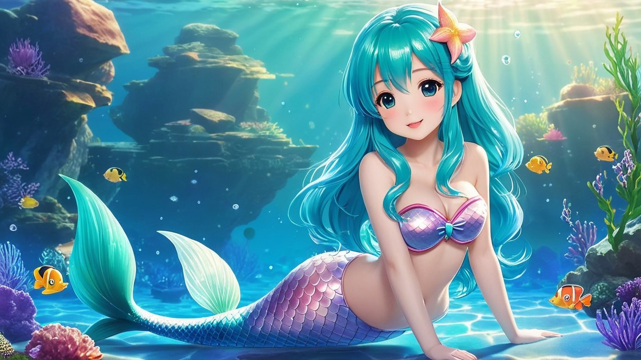 Whimsical Mermaid in a Colorful Underwater Scene