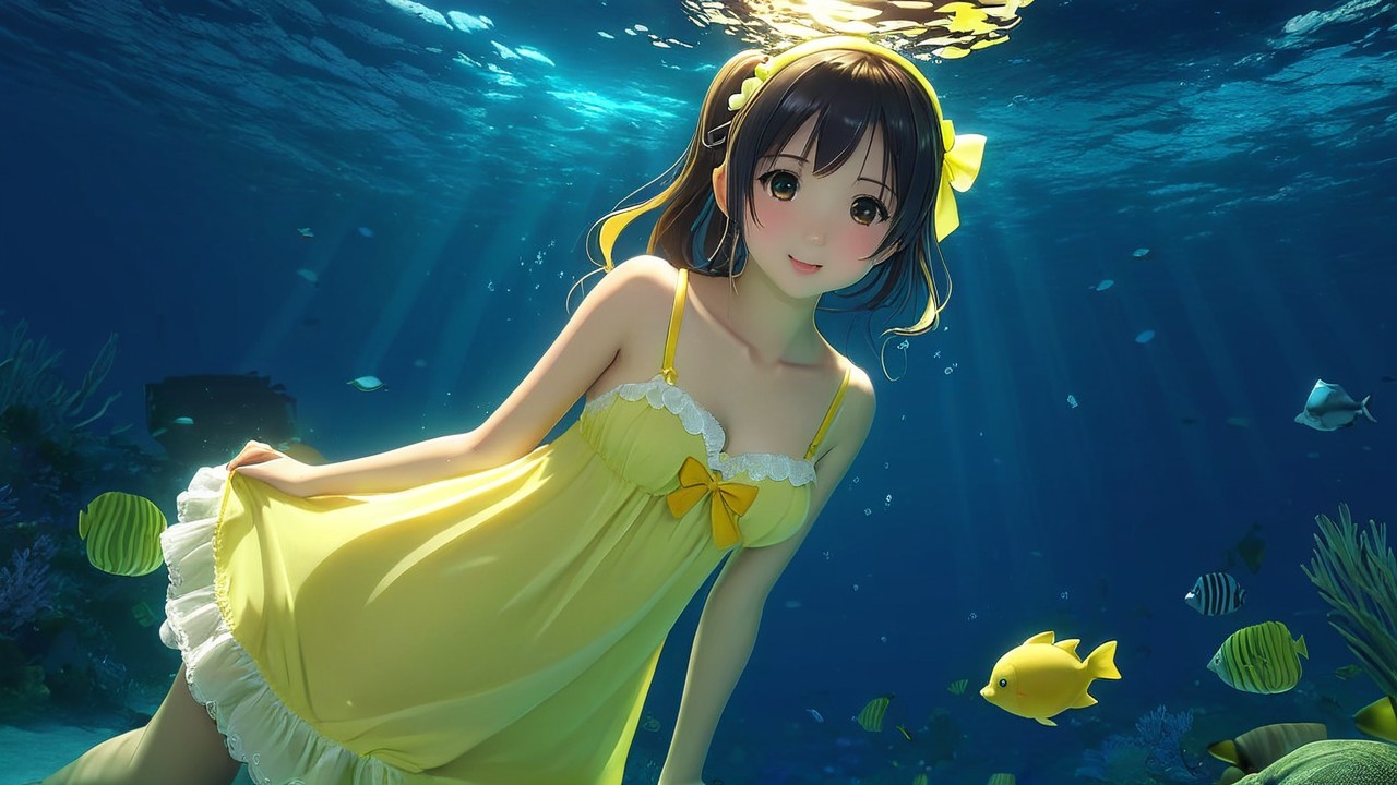 Young girl in yellow dress underwater with colorful fish