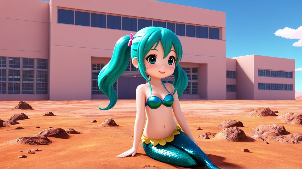 Animated Mermaid in Sandy Landscape with Modern Building