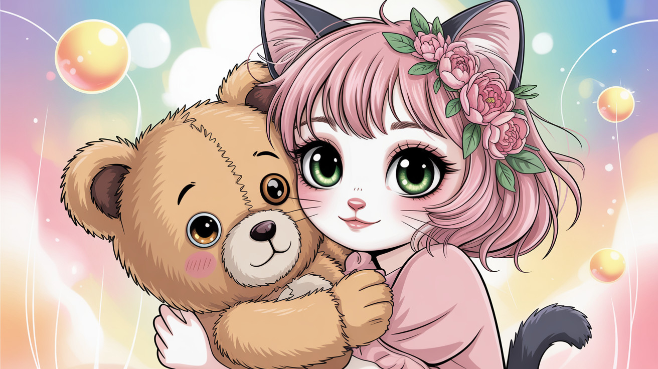 Anime Character with Cat Face and Teddy Bear