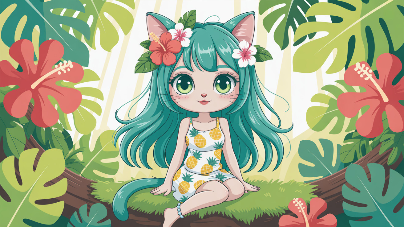 Chibi-style kemonomimi girl in a jungle setting