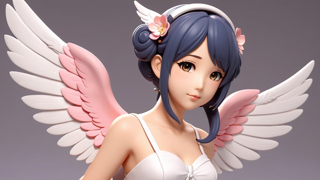 Stylized character with blue hair and floral wings