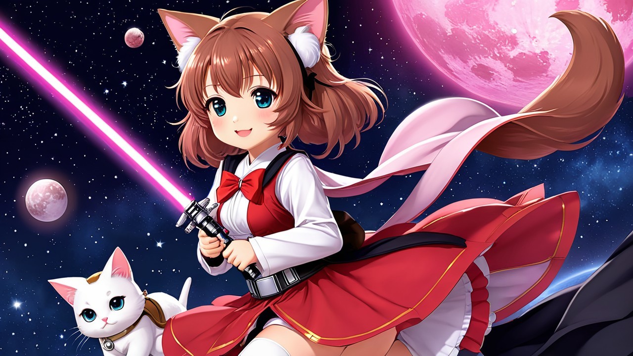 Anime girl with cat ears and lightsaber in space