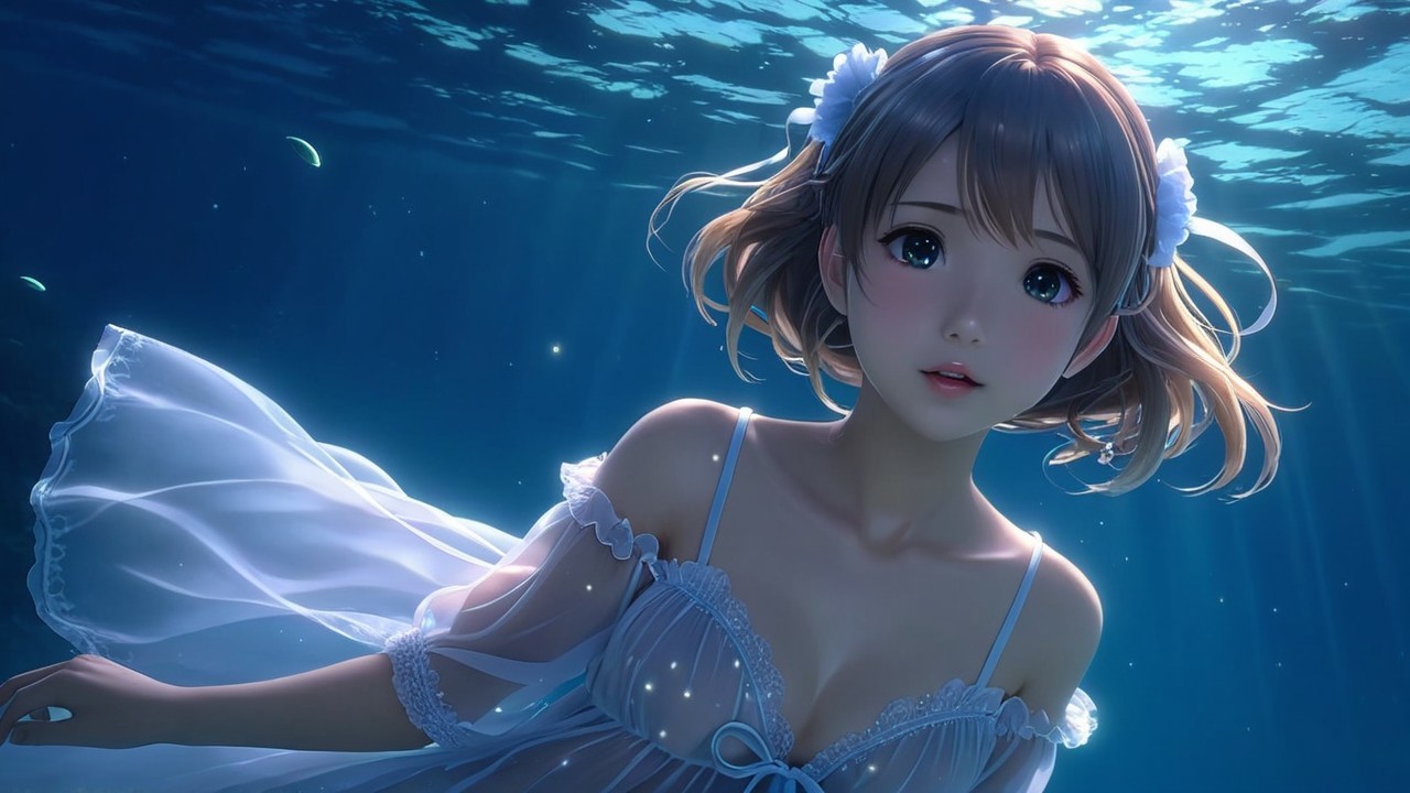 Young girl swimming in an enchanting underwater scene