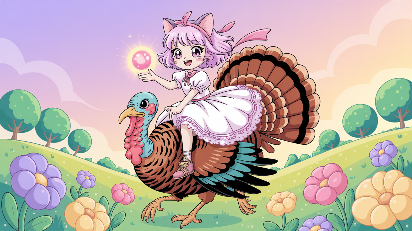Anime girl with purple hair riding a turkey in a field