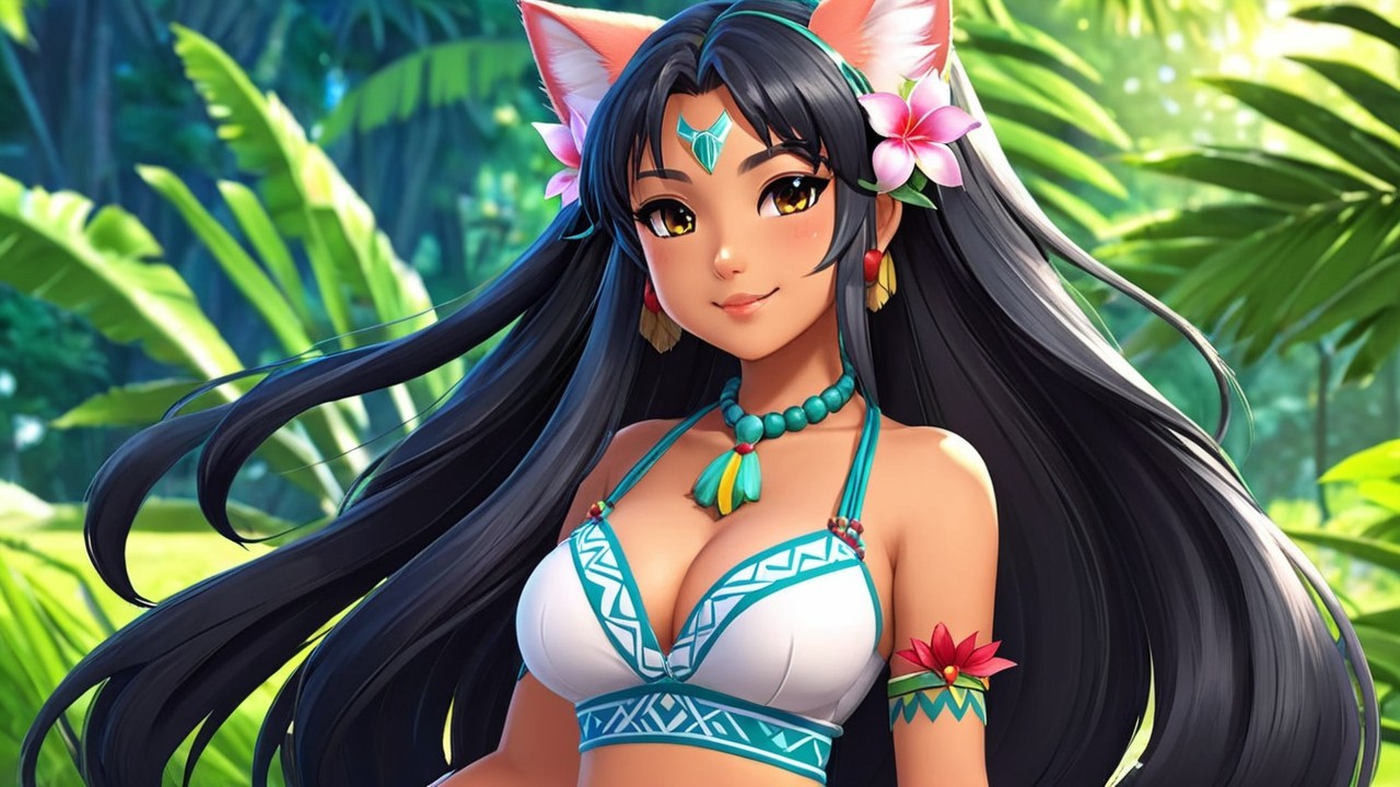 Character with Black Hair, Cat Ears, and Bikini