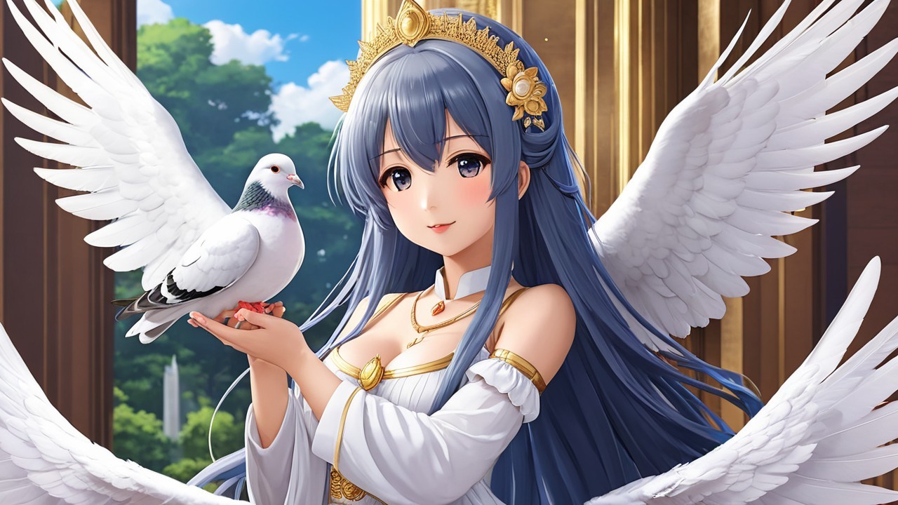 Character with Blue Hair and White Wings in Elegant Setting