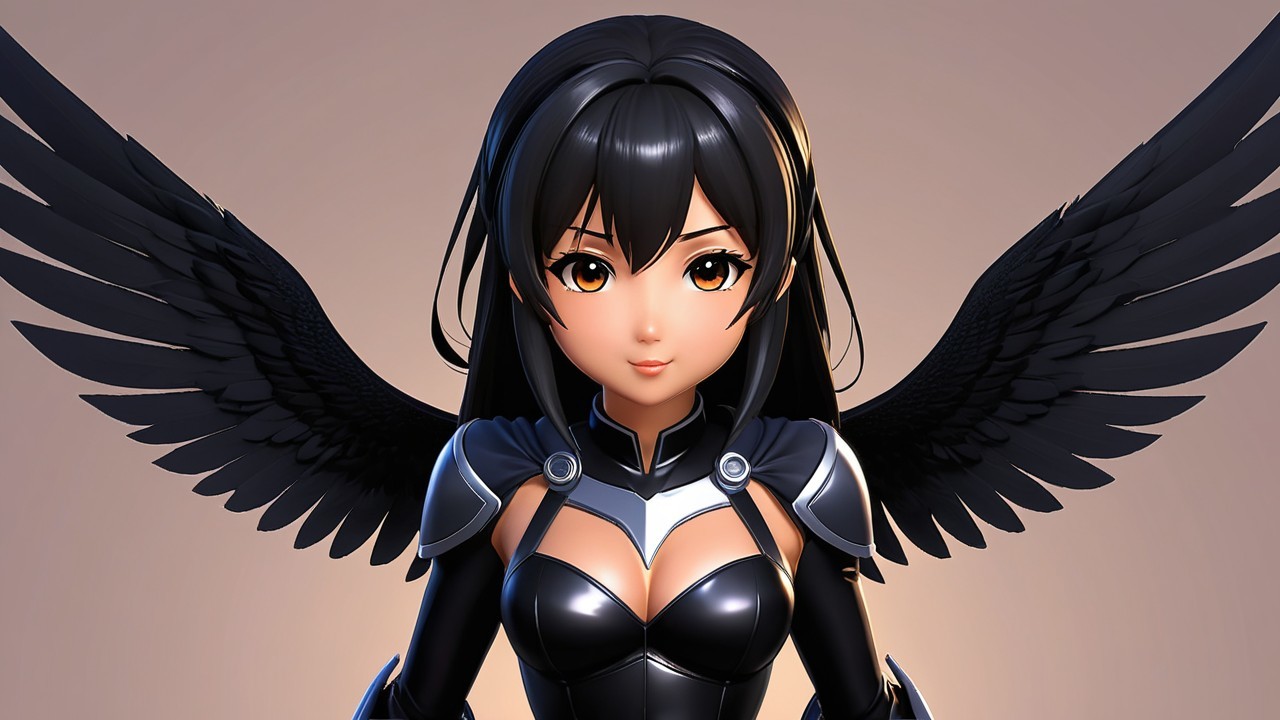 Stylized anime character with black wings and orange eyes