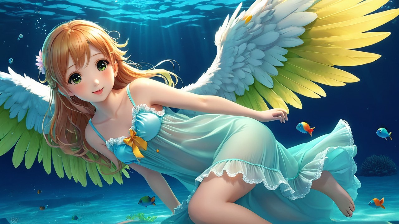 Whimsical Underwater Scene with a Winged Girl