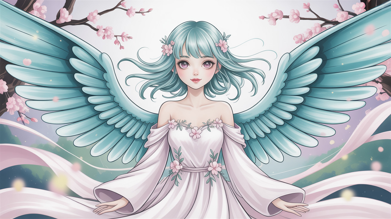 Anime angel with blue hair and feathered wings