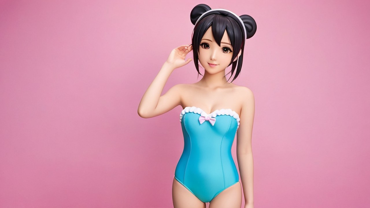Digital Character in Blue Swimsuit Against Pink Background