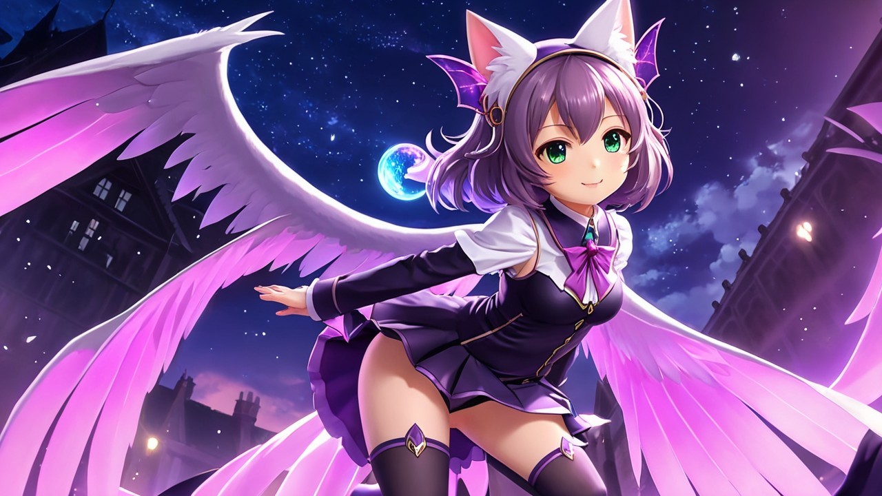 Playful Character with Cat Ears and Wings in Night Sky