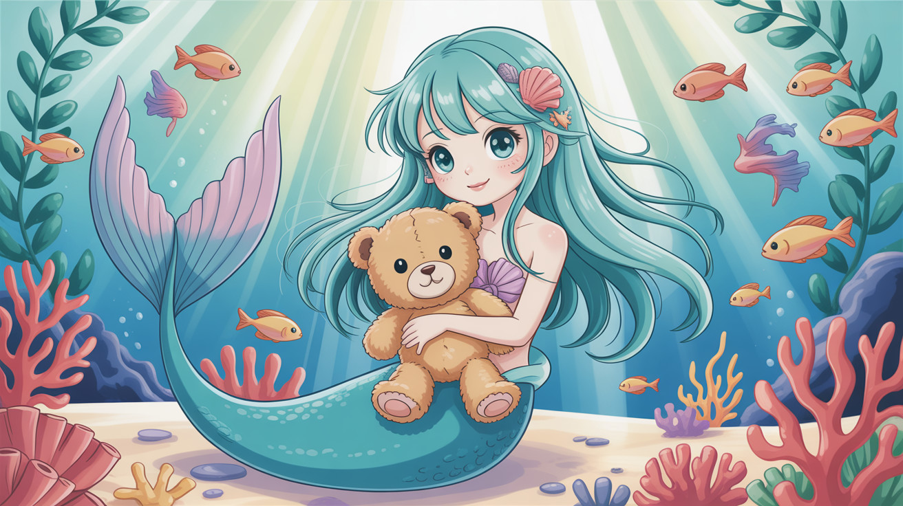 Anime Mermaid with Light Blue Hair and Teddy Bear
