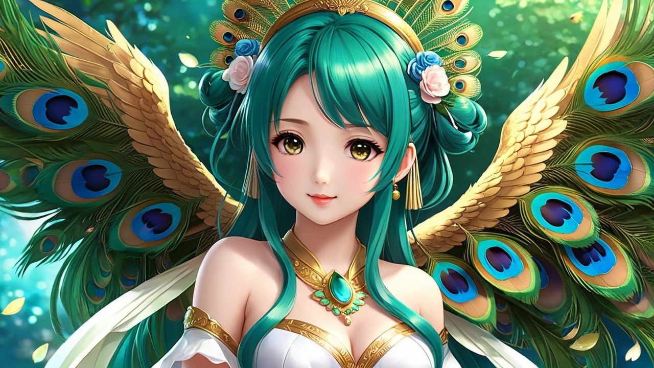 Mystical figure in vibrant peacock feathers and jewels