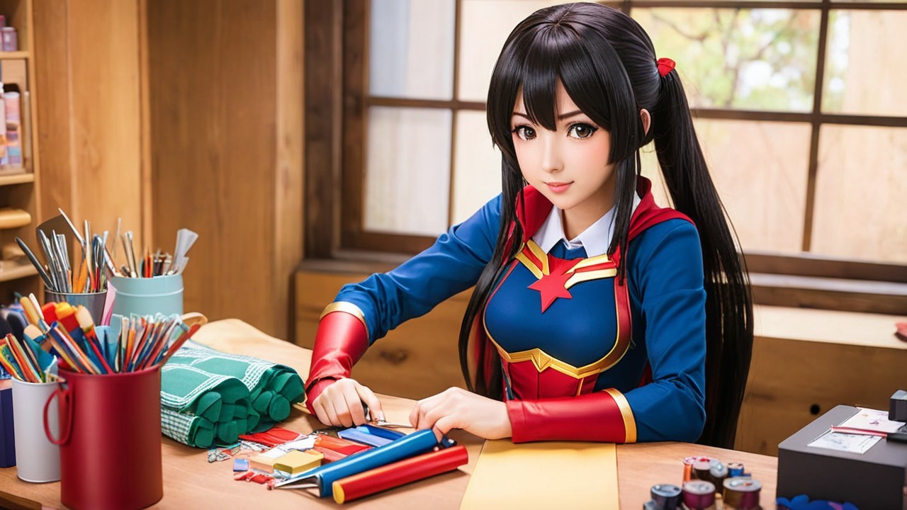 Young Woman in Superhero Costume at Crafting Table