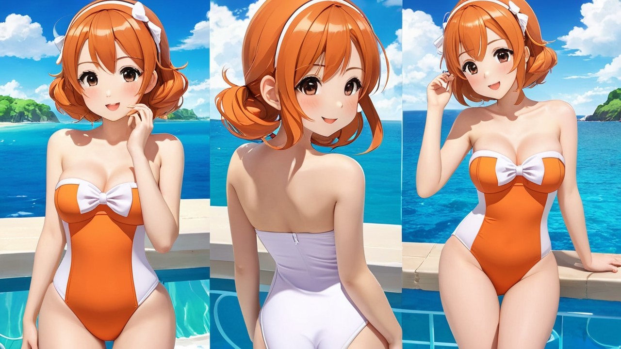 Cheerful animated character by a poolside scene