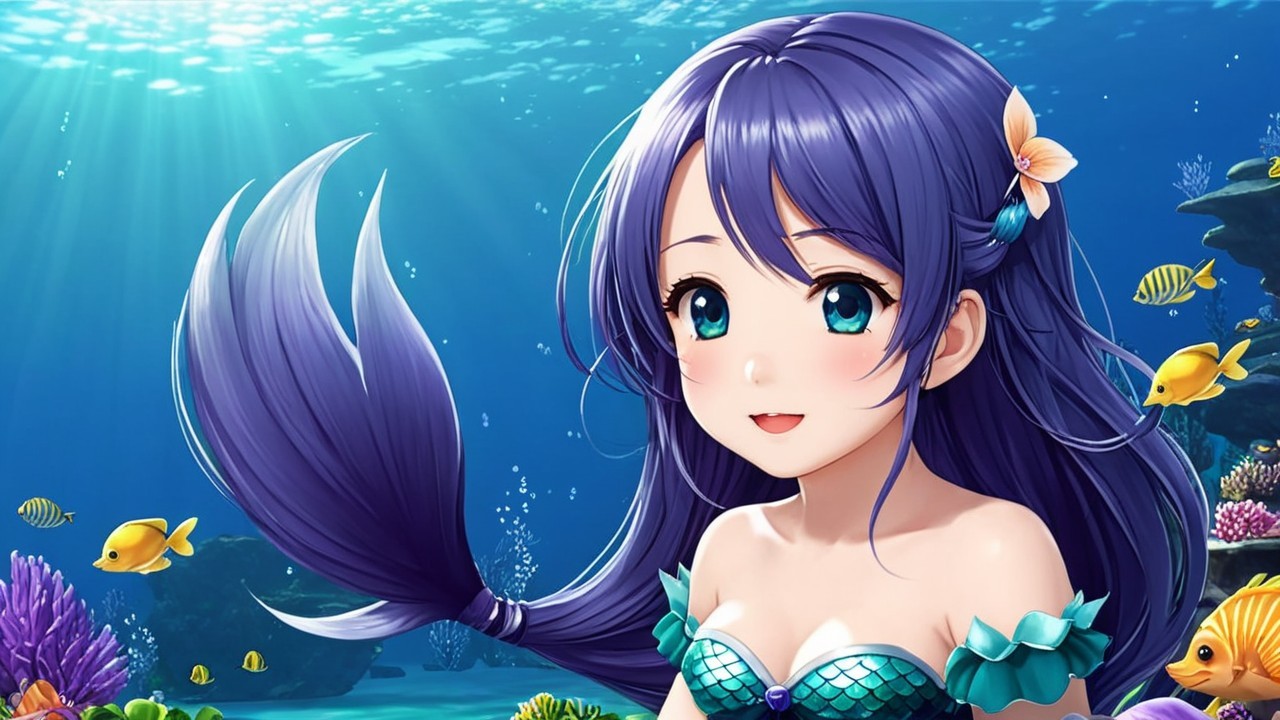 Cheerful mermaid with purple hair in vibrant ocean scene