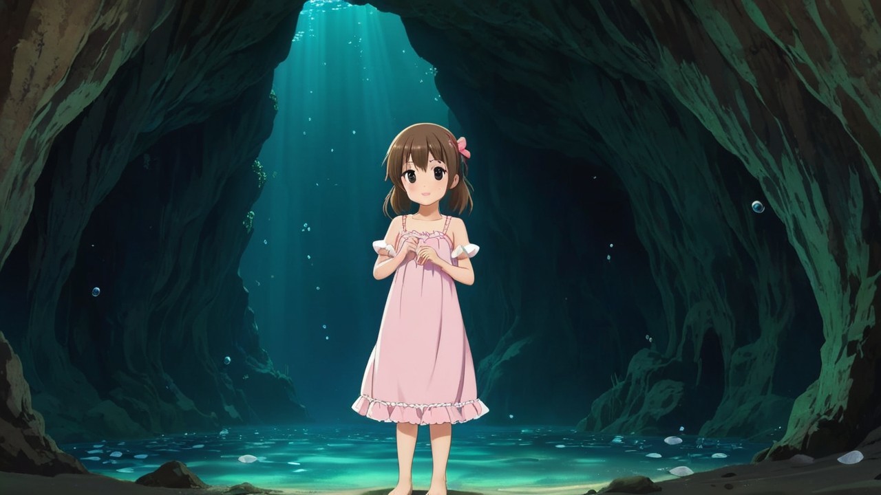 Underwater Cave with Young Girl in Pink Dress
