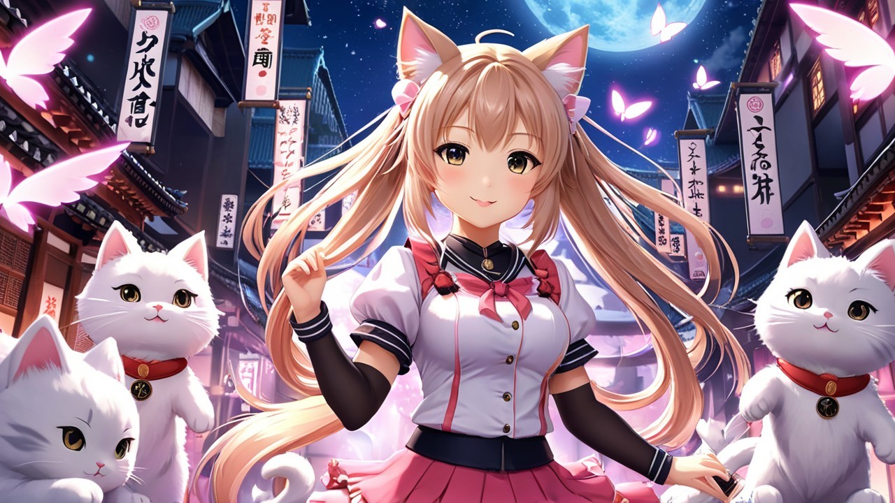 Cheerful girl with cat ears in moonlit Japanese setting