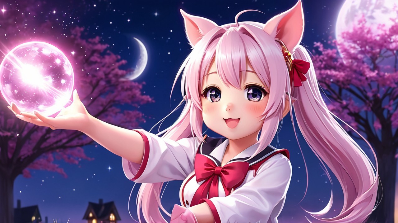 Cheerful girl with pink hair and crystal ball in twilight