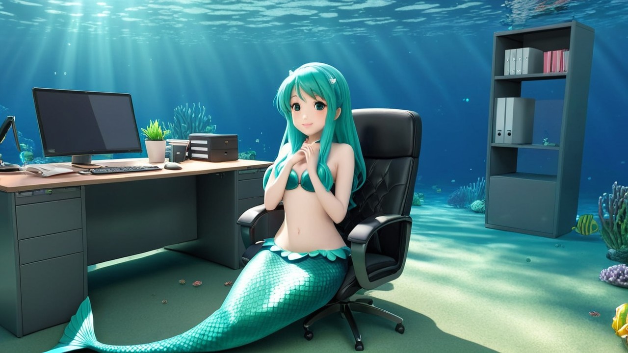 Mermaid in Office Chair Surrounded by Underwater Life