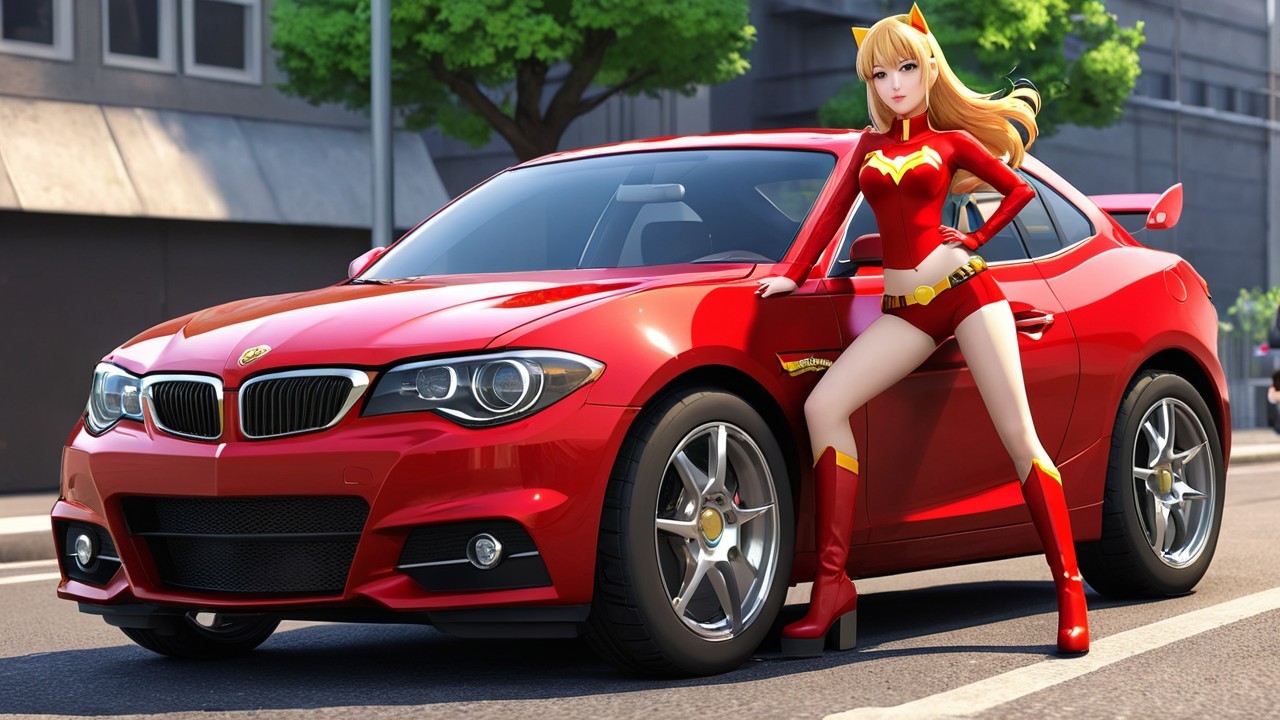 Female Superhero in Red Costume with Sports Car