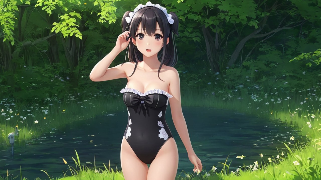 Young girl by serene pond in frilly swimsuit