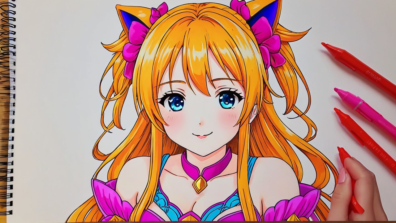 Vibrant Anime Illustration of Girl with Cat Ears
