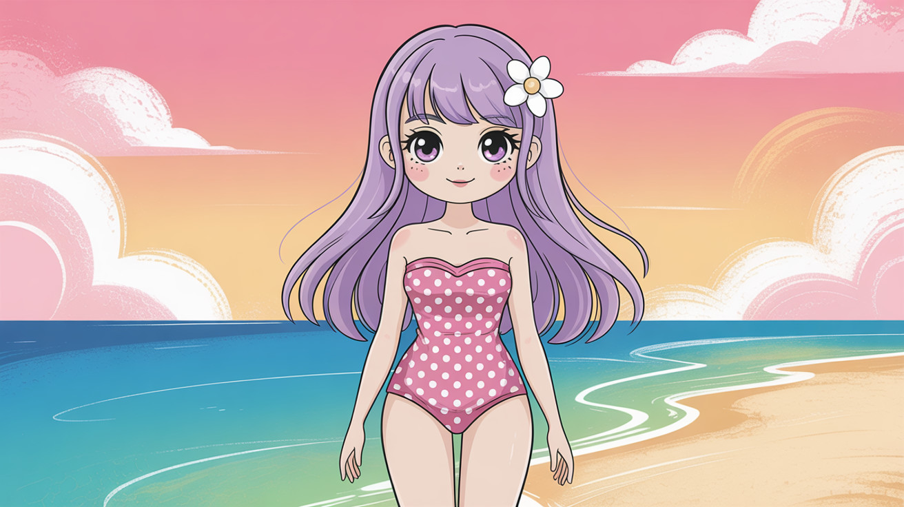 Anime-style girl in pink polka dot swimsuit at beach