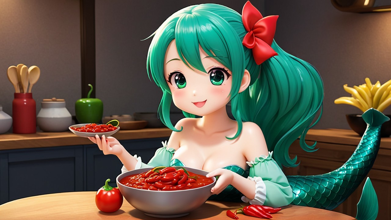 Cheerful mermaid in cozy kitchen with chili peppers