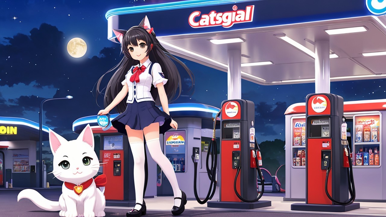 Young Girl and Cat at Whimsical Gas Station Scene