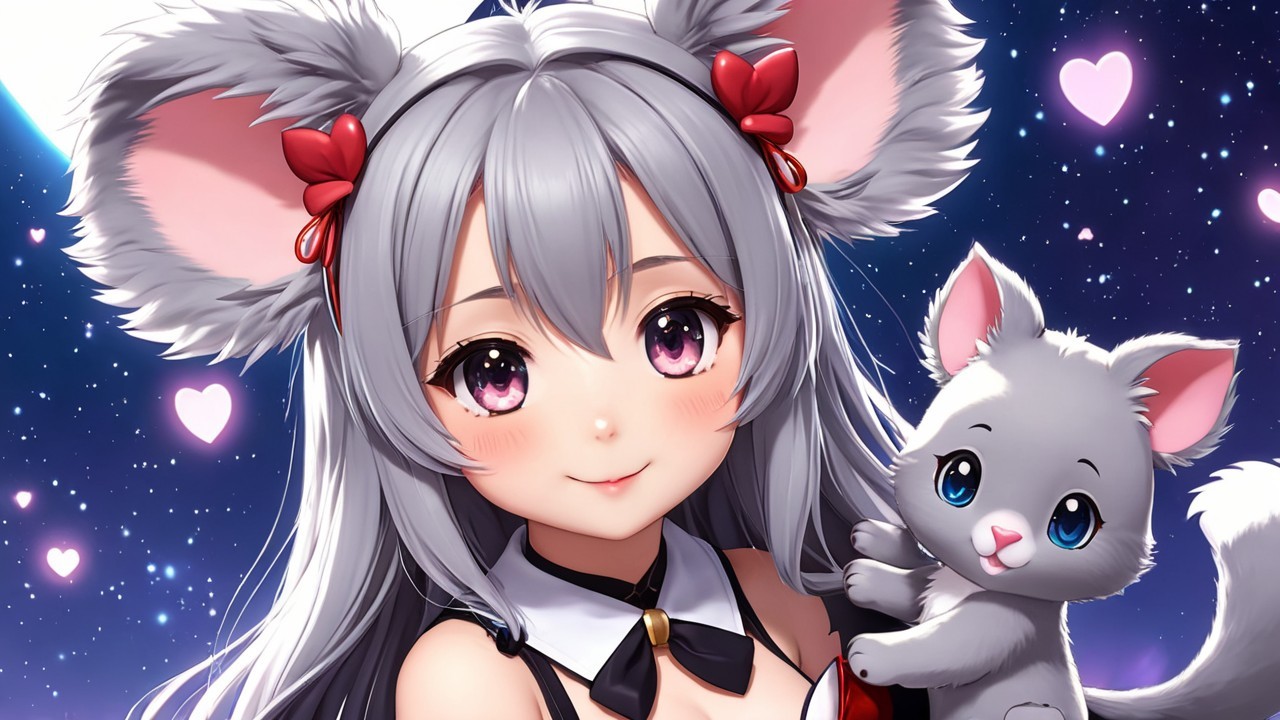 Cheerful character with fluffy ears and silver hair