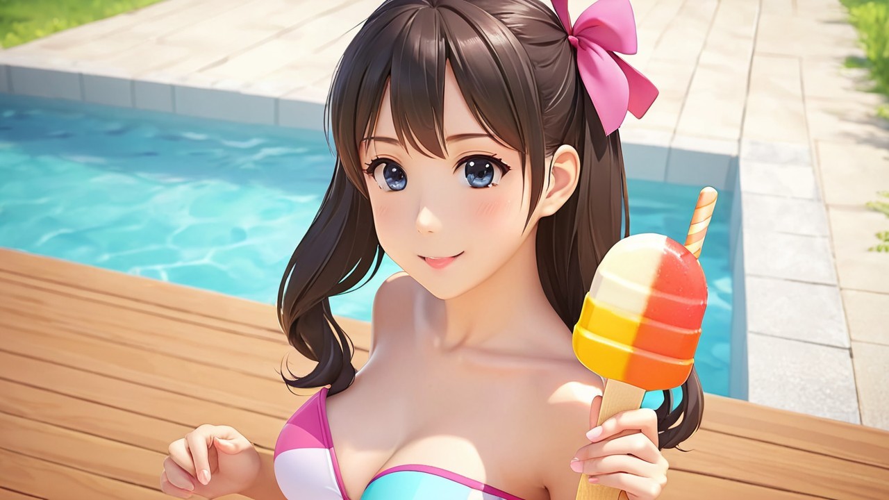 Cheerful woman by pool with ice cream in summer scene