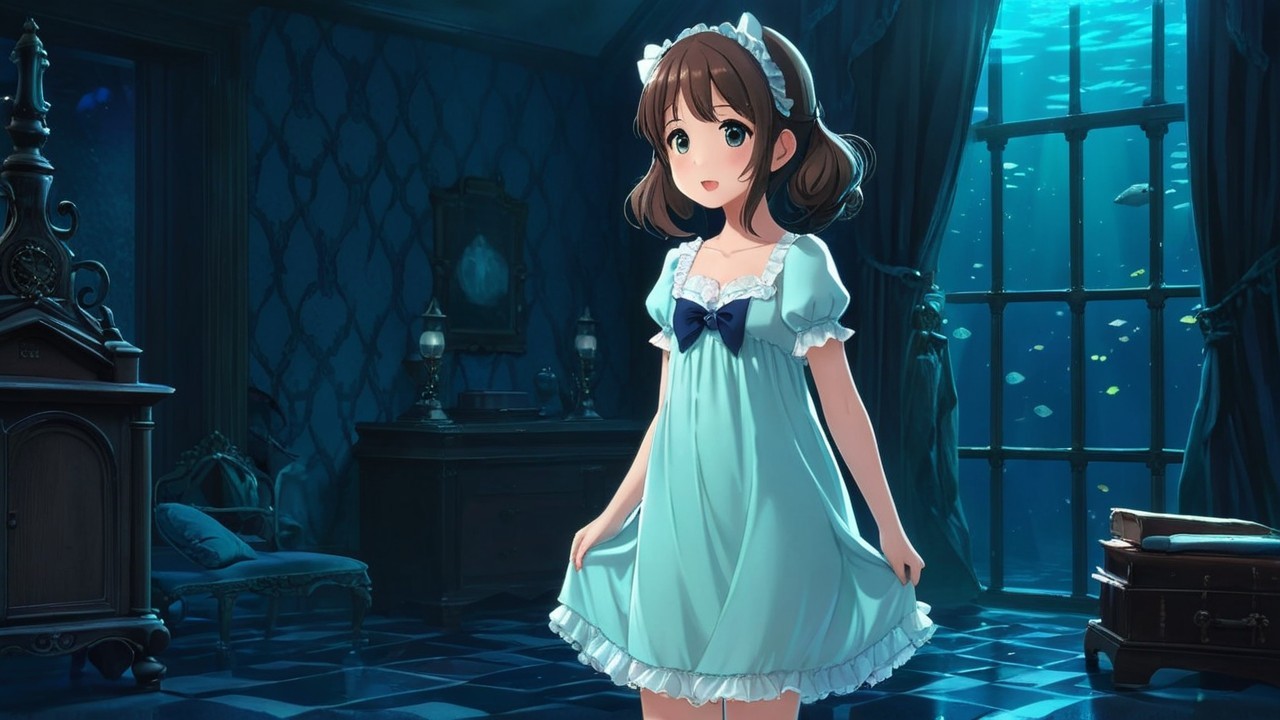 Young girl in nightgown in vintage room with fish